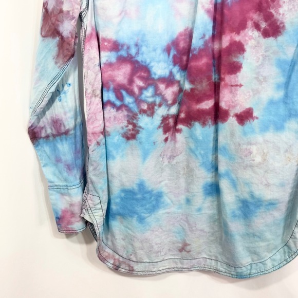 Free People Medium Top Handmade Tie Dye Button Down Long Sleeve Purple Blue 1195 - Picture 10 of 11